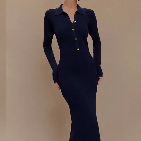 NWT Meshki Navy Abbey Buttoned Knit Midi Dress - Picture 3 of 9